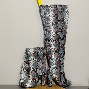 Sophia Taylor Women's Sz 7.5 W Colorful Snake Print OTK 4" Heel Boots Almond Toe